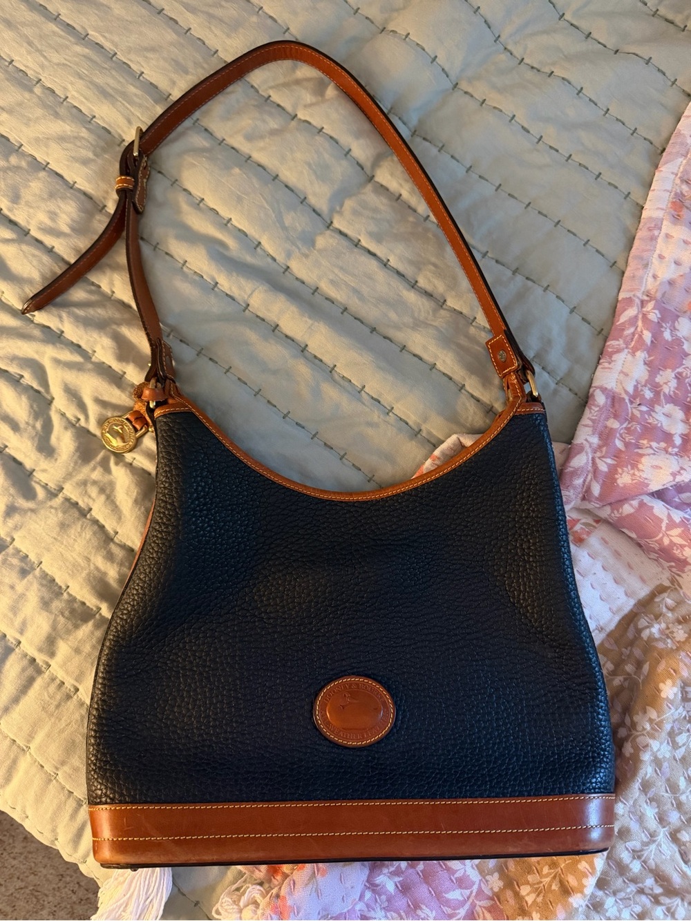 Dooney & Bourke Navy Pebble Leather Shoulder Bag with Brown Trim